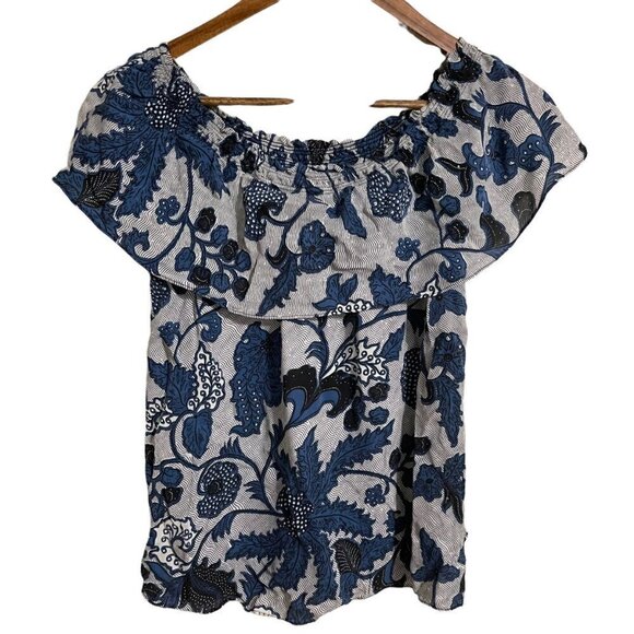 MICHAEL Michael Kors Tops - MICHAEL Michael Kors Womens Blue 100% Silk Floral Off Shoulder Blouse Size XS